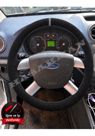 Ford Fusion Dikme Direksiyon Kılıfı Full Alcantara Süet Gri Yüzük Ve Gri Dikiş 2006-2012 Siyah