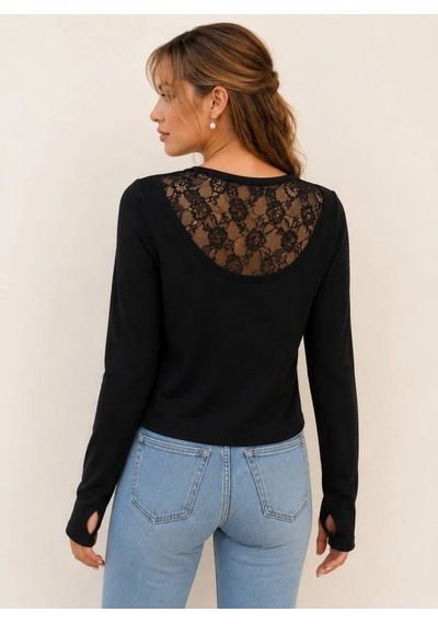 DefyModa Dantel Sırt Detaylı Uzun Kollu Bluz Siyah