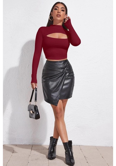 Moda Dua Kadın Bordo Göğüs Dekolteli Uzun Kollu Cut Out Crop Top Bluz