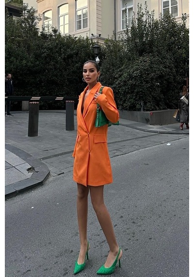 WeShaya Kadın Oranj Kruvaze Dokuma Kısa Elbise Oranj