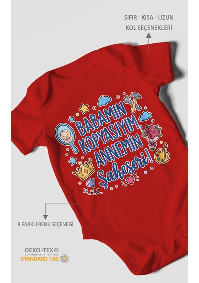 Morivokids Babamın Kopyasıyım Annemin Şaheseri Kısa Kollu Bebek Body %100 Pamuk Kırmızı