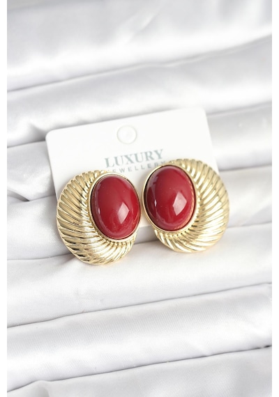 Pirinç Gold Renk Bordo Boncuklu Oval Vintage Kadın Küpe Tj-b Tdrtr
