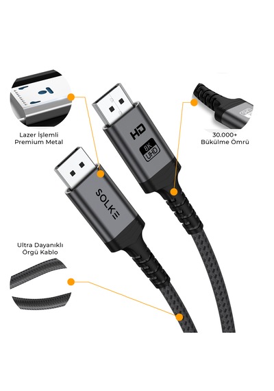 Solke Displayport 1.4 Kablo 8k 60hz 4k 144hz 32.4gbps Örgülü Alüminyum 2 Metre Dp To Dp 2 M