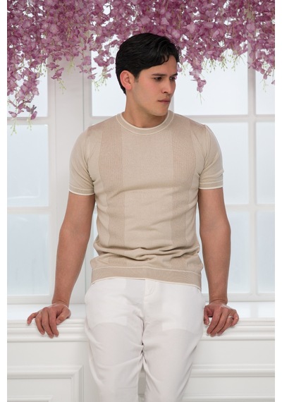 Advante Slimfit Kolları Lastikli Likralı Desenli Bisiklet Yaka Triko T-shirt Krem