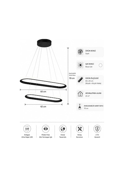AvizeGO Elipso 2'li Led Sarkıt Avize Beyaz Işık Siyah