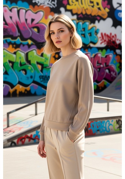 Benerly Kadın Bisiklet Yaka Düşük Kol Oversize Kalıp Örme Sweatshirt Fonk Vizon
