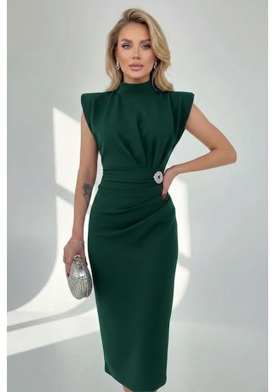 Defymoda Kadın Balık Kesim Uzun Kuyruklu Elbise Yeşil