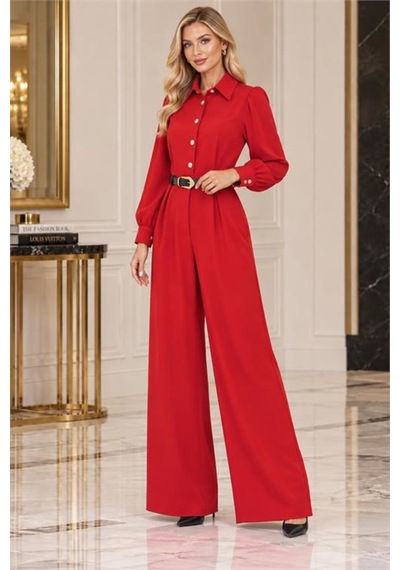 Neşeli Butik Kadın Kırmızı Balon Kol Kemerli Gömlek Yaka Krep Kumaş Tulum Nbk5006