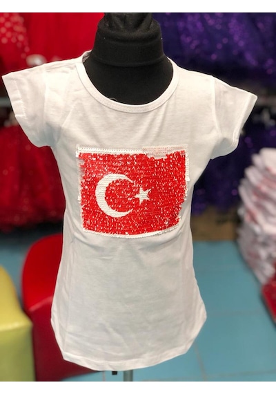 Sedacan Kostüm Atatürk Ve Bayrak Çift Taraflı Payetli Çocuk Tşört Beyaz