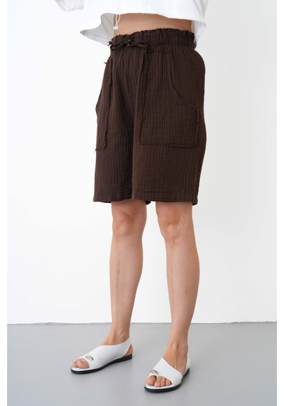 The Voler Müslin Şort Kadın Yüksek Bel Oversize Rahat Kesim Cepli %100 Pamuklu Yazlık Şort Kahverengi The Voler Müslin Şort Kadın Yüksek Bel Oversize Rahat Kesim Cepli %100 Pamuklu Yazlık Şort Kahverengi