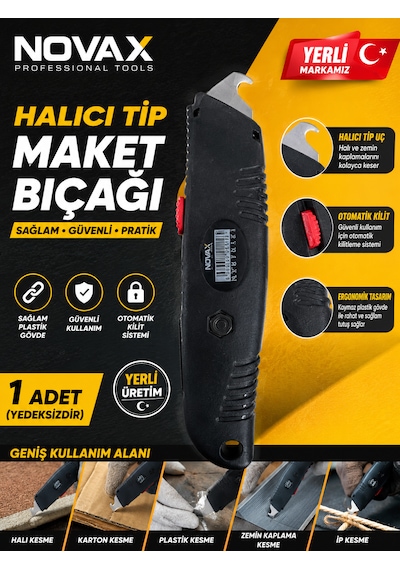 Novax Halıcı Tip Maket Bıçağı Plastik Gövde Otomatik Kilit Sağlam Yerli Markamız 1 Adet Yedeksizdir