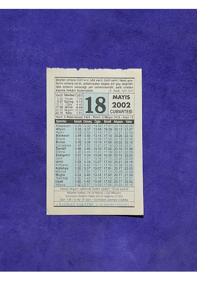 18 Mayıs 2002 Takvim Yaprağı - Nostalji Koleksiyonluk Takvim Yaprağı A
