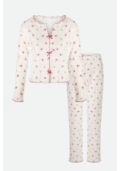 Kadın Pamuklu Çıtır Çiçek Desenli Baby Overloklu Fiyonk Detaylı Uzun Kollu Pijama Takımı Desenli