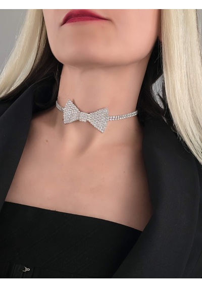 Papyon Model Rhinestone Choker Tasma Model Gümüş Renk Kolye Silver Çok Renkli