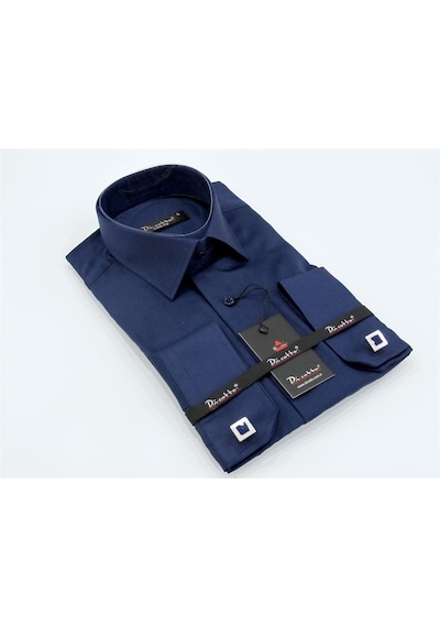 Lacivert Micro Kumaş Kol Düğmeli Slim Fit Düz Renk Gömlek /201-12 Lacivert