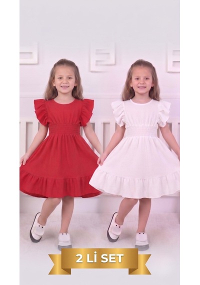 New Kids 2 Li Set Kız Çocuk Elbise 2 Adet Gipeli Belden Yeni Sezon Yazlık -91204 Çok Renkli