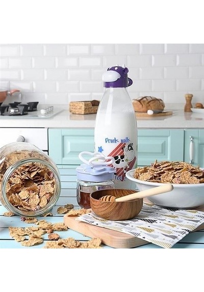İnek Tasarımlı Sevimli Cam Suluk - Süt Şişesi 1000 Ml Beyaz