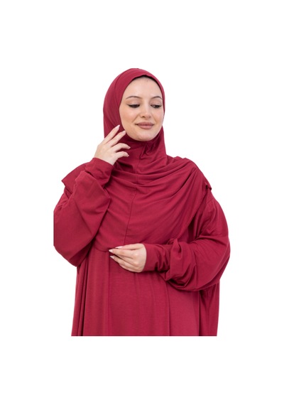 Modish Group Tek Parça Namaz Elbisesi Seti, Viskon Yumuşak Tesettür Abaya, Rahat Hazır Şal Başörtüsü Takım Kırmızı