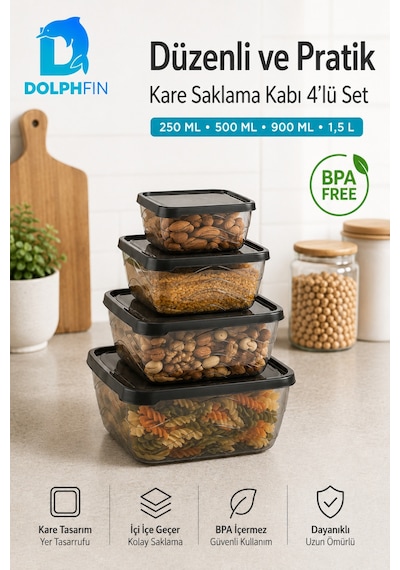 4 Lü Kare Saklama Kabı Seti Kapaklı 250 Ml 500 Ml 900 Ml 1,5 L Bpa İçermez Siyah
