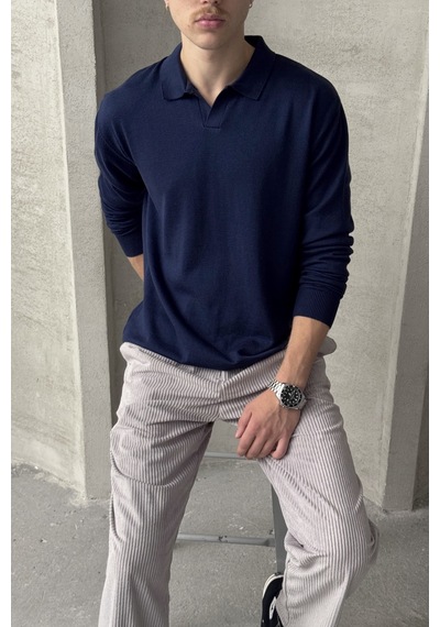 Erkek Pamuklu Polo Yaka Oversize Triko Kazak Lacivert
