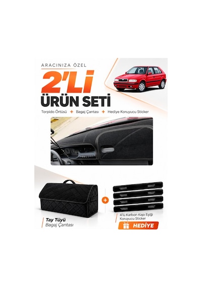 Skoda Felıcıa 1994-2001 Uyumlu Torpido Örtüsü + Tay Tüyü Bagaj Çantası + Sticker Seti - Siyah