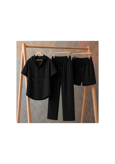 Erkek Müslin Kapşonlu 3'set Gömlek-şort-pantalon Siyah