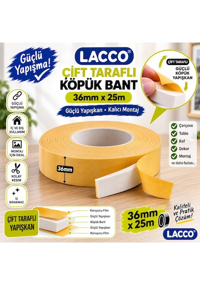 Lacco Çift Taraflı Köpük Bant 36 Mm X 25 M Güçlü Yapışkanlı Montaj Bandı Çok Amaçlı Beyaz 1 Adet
