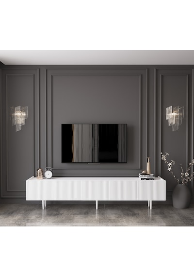 Capella Country Mdf Beyaz 5 Kapak Ahşap Ayaklı 200 Cm Tv Ünitesi