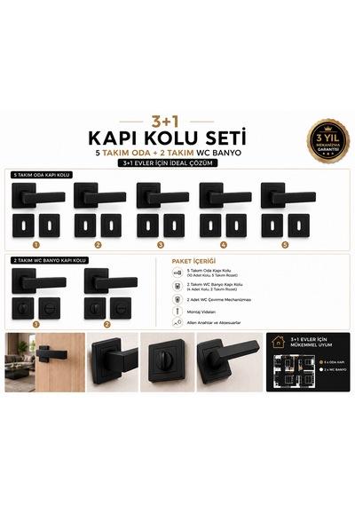 3+1 Evler İçin 7'li Kapı Kolu Seti 5 Takım Oda + 2 Takım Wc Banyo Mat Siyah Kare Rozetli Marka
