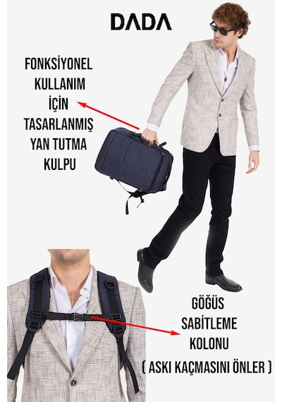 Körüklü Laptop Sırt ve Seyahat Çantası 15,6 İnç 40 Litre Usb Su Geçirmez Kumaş Lacivert Dada 12