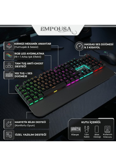 Ikg-458 Rgb Mekanik Gaming Klavye Red Switch Bilek Destekli Anti-ghosting Multimedya Tuşlu