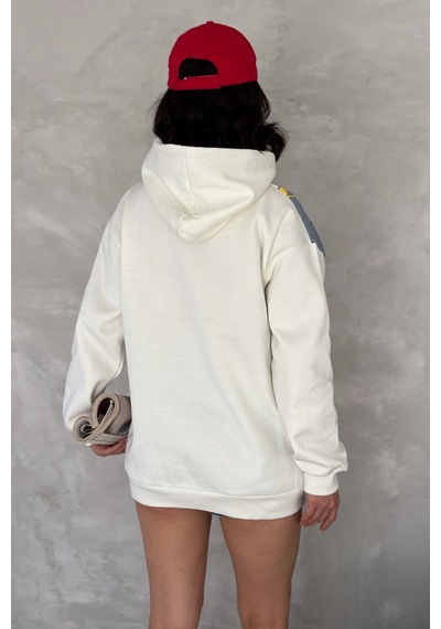 Femelle Kadın Beyaz Kot Detaylı İçi Pamuklu Kapüşonlu Sweatshirt