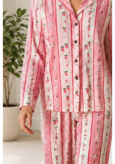 Kadın Desenli Relaxed Pembe Pijama Takımı 4658