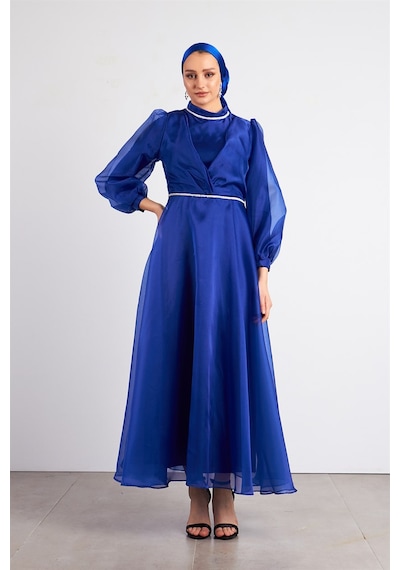 Livanomi Beli Taşlı Saks Tesettür Abiye Elbise Saks