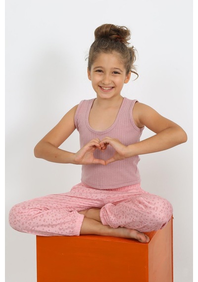 Akbeniz Kız Çocuk Sıfır Kol Gül Kurusu Penye Pijama Takım 20433 Gülkurusu