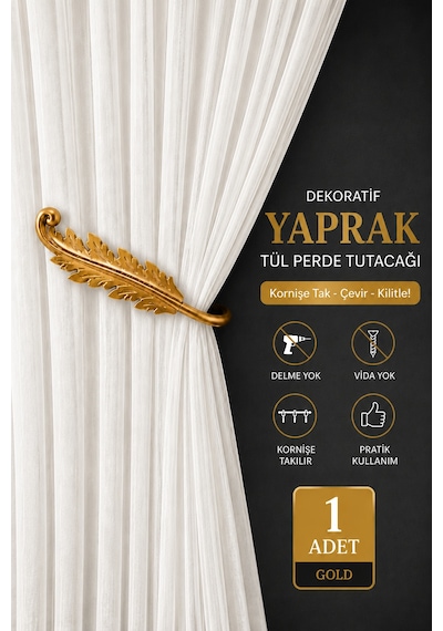 Dekoratif Yaprak Tül Perde Tutacağı Kornişe Takılan Hayalet Kol Bağı Delme Vida Yok 1 Adet Gold