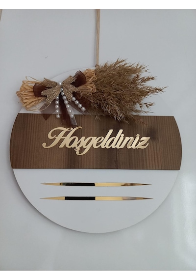 Hoşgeldiniz Yazılı Aynalı Pleksi Ahşap Kapı Süsü Beyazkahve Çok Renkli