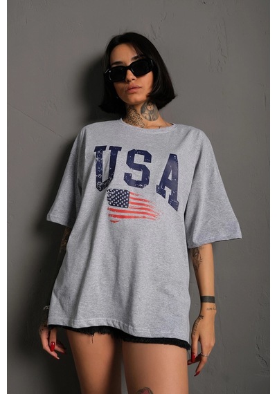 Tarzsokak Usa Flag Baskılı Gri Oversize T-shirt
