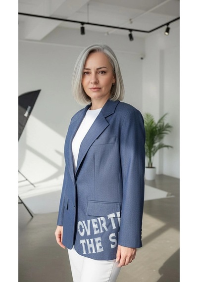 Byemelika Tasarım Baskılı Denim Blazer Lacivert
