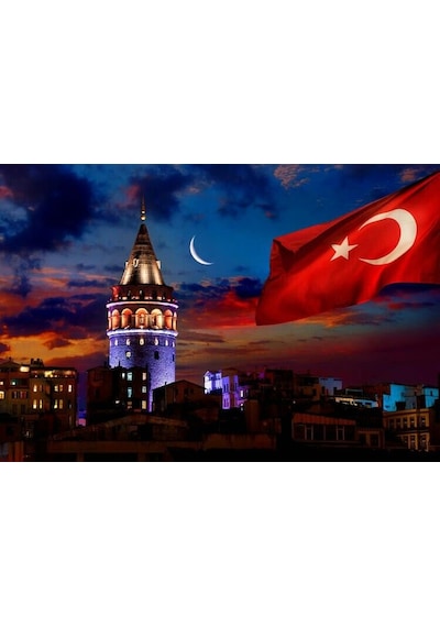 Yatay Galata Kulesi Ve Bayrak Ev Duvar Salon Güzellik Salonu Ofis Dükkan Dekarasyon Kanvas Tablo