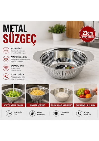 Metal Sepet Süzgeç 23 Cm Kulplu Mutfak Sebze Meyve Yıkama Ve Süzme Aparatı Çok Renkli