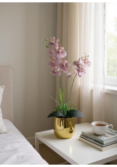 Yapay Çiçek Pudra Pembe Islak Orkide Gold Metal Saksıda Saksıda Orkide 50cm