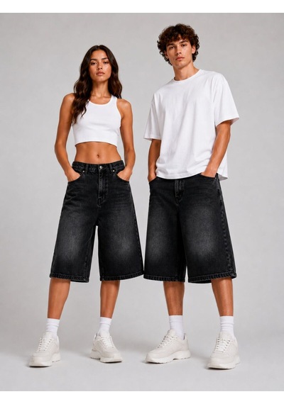 St.poll Eskitme Yıkama Unisex Baggy Denim Şort Siyah