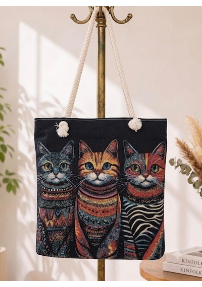 Genel Markalar Goblen Kadın Omuz Çantası+ Kedi Desen Krem.karışık Renkli Desenli