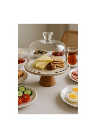 Akayev Traverten 25 Cm Ahşap Konik Ayaklı Beyaz Cam Fanus