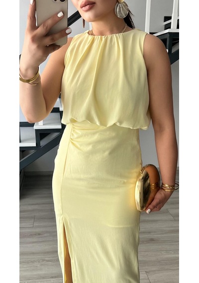 Butter Yellow Önden Yırtmaçlı Büzgülü Elbise Sarı