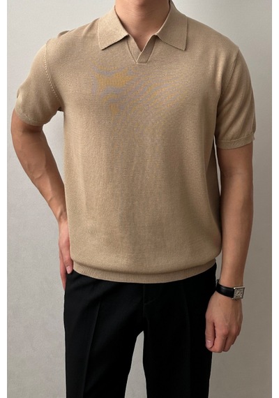 Cool Tarz Erkek Camel Patlı Kısa Kollu Polo Yaka Triko T-shirt Camel Camel
