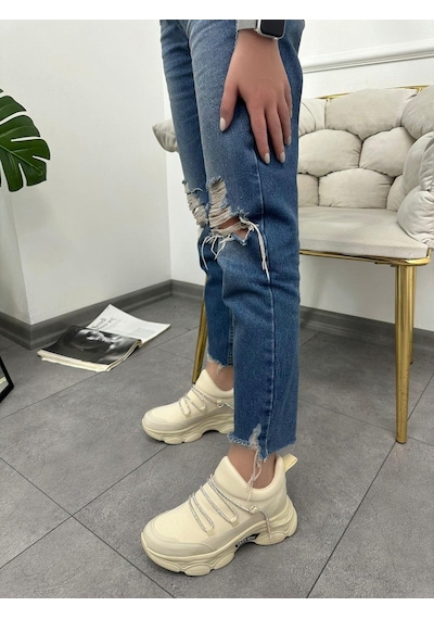 Erva'nın Butiği Bej Dore Kadın Gizli Topuklu Bağcıklı Sneakers-5263