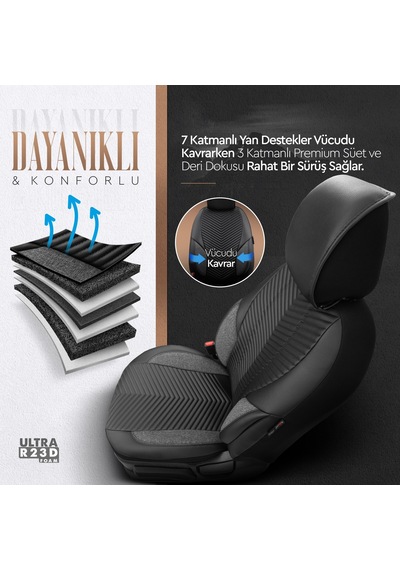 Advanced Design Özel Tasarım Premium Süet-Deri Ekstra Destekli Universal Oto Koltuk Kılıfı Tam Set