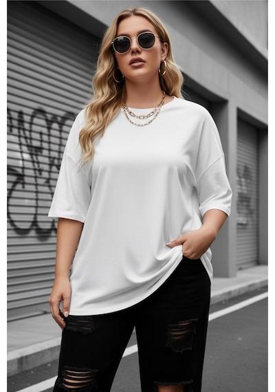 Mily Kadın Büyük Beden Battal Basic Bisiklet Yaka Pamuklu T-shirt Rahat Kesim Unisex Sevgili Kombini Beyaz